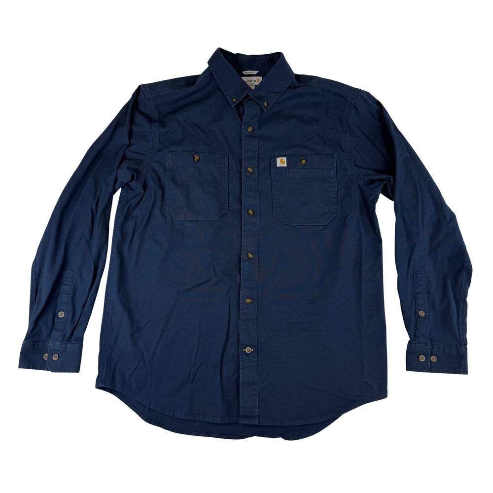 Carhartt Button Down Shirt Mens Large L Navy Blue Relaxed Fit Stretch Workwear